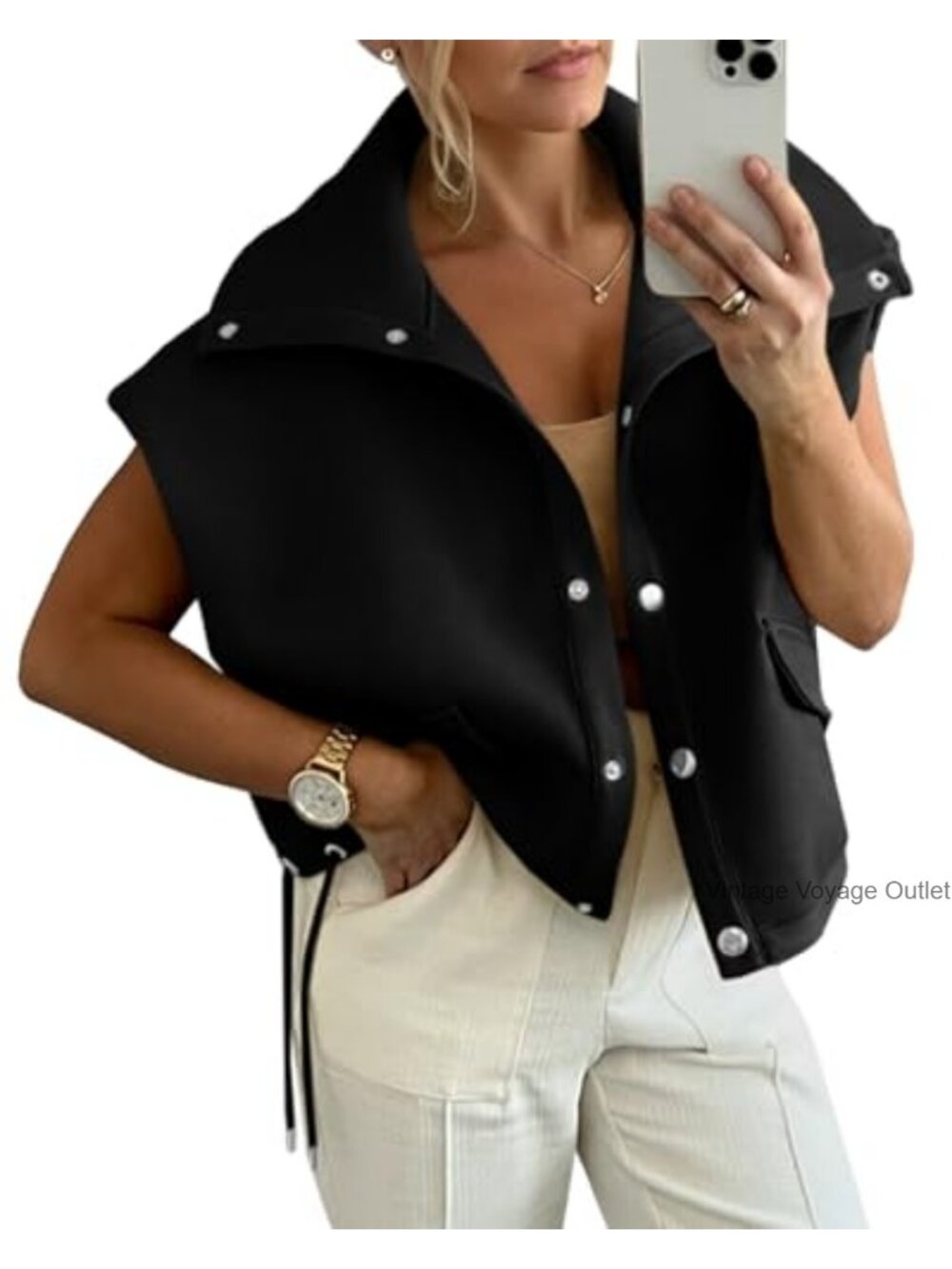 Oversized Button Down Vest Cropped Sleeveless Drawstring Waist Casual Jacket